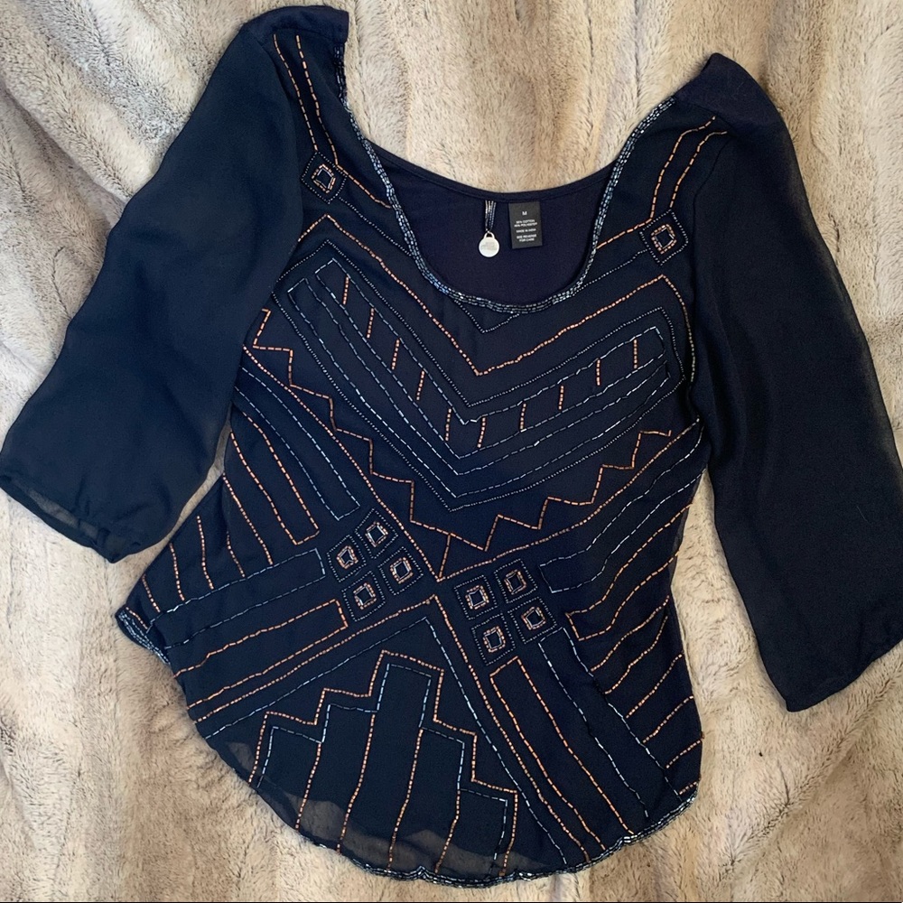 BKE Boutique navy mixed media beaded top